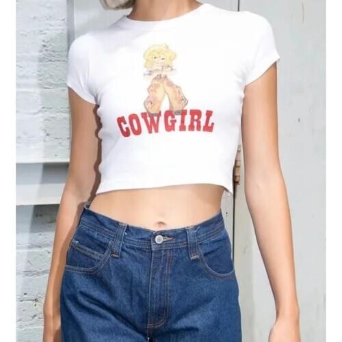 Women Cowgirl Crop Tee Girls Crop Top Short Sleeve Cotton Slim Fort Worth Print Graphic Tees Brandy Tops Cropped Tee T-shirt New