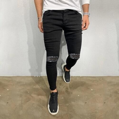 Spring autumn new men jeans fashion pure black hole jeans skinny distressed jeans men pencil pants zipper cardigan men trousers