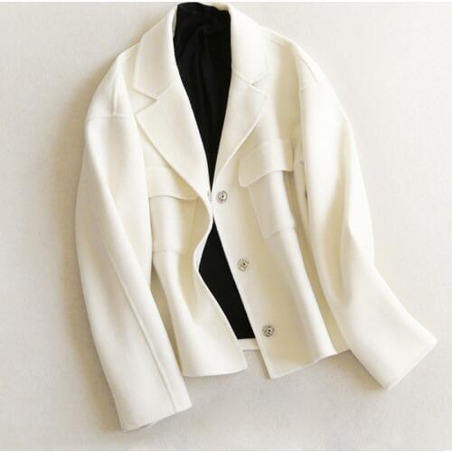 Women Woolen Jacket Short Coat Autumn Winter Turn-down Collar Loose Solid Woolen Blends Coat S-XL