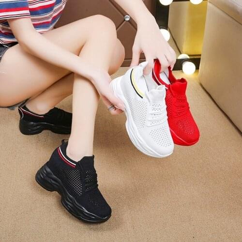 2021 Spring Womens Casual Sports High Platform Shoes White Red Comfortable Womens Chunky Sneakers Mesh Breathable Summer Shoes