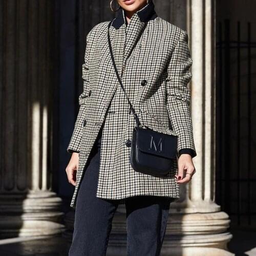 2021 autumn winter women Woolen cloth Outerwear casual Plaid Midi coat Double Breasted Wool Suits Windbreaker Houndstooth Blazer