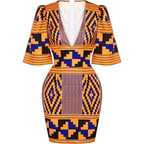 Womens Deep V Neck Flare Sleeve Covered Hip Print Dress