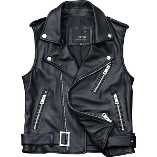 100% Sheepskin Genuine Leather Waistcoat Women Motorcycle Biker Real Leather Vest Coat Short Slim Fit Sleeveless Jacket