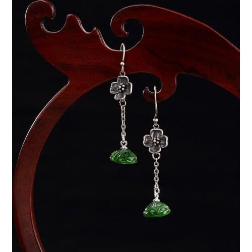 2018 Earings Fashion Jewelry Real 925 Sterling Natural Jade Handmade Flower Lotus Stone Drop Earrings Asymmetric