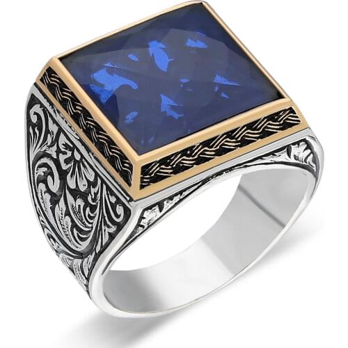 925 Sterling Silver Ring Patterned Embroidered With Natural Stone For Man Real Pure Zircon Handmade Turkish Jewelry