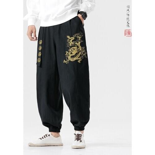Autumn Winter Men Sweatpants Linen Embroidery Loose Harem Bloomers Sport Pant Male Running Jogger Fitness Casual Pant Activewear