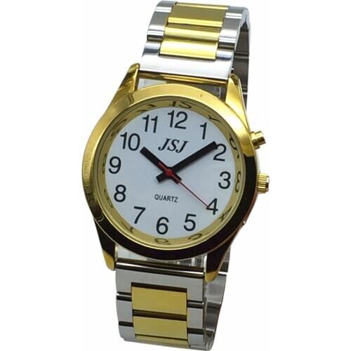 French Talking Watch with Alarm Function, Talking Date and time, White Dial, Folding Clasp, Golden Case TAF-705