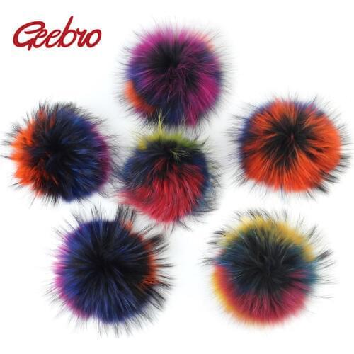 Geebro 1 Pcs 15 cm Rainbow Color Raccoon Fur Pompom Winter Womens Beanie with Fur Ball Pompom Hat Accessories Mixed Pompon