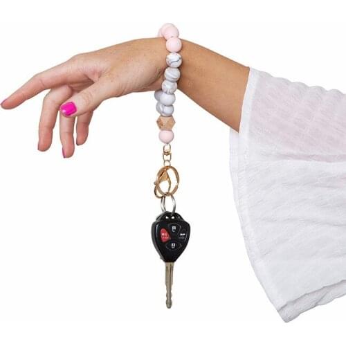 Key Ring Bracelet Silicone Beads Wristlet with Keychain & Wooden Block Decor Art Bangle Chains for Keys TT@88