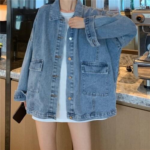 GOOHOJIO 2020 New Loose Chic Denim Jacket Women Autumn Solid Denim Blue Coats &Jackets Oversize Casual Denim Jacket for Women