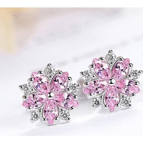 Sweet Temperament Cherry Blossom Stud Earrings For Women Fashion Pink Crystal Sakura Earrings Exquisite Jewelry Gifts