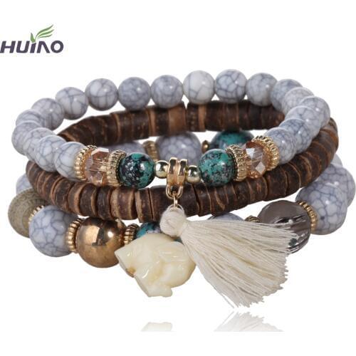 3pcs/set Multilayer Bead Bracelet Gem Marble Tassel Pendant Bangles Buddhism Lama Bracelets