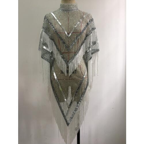 Fashion Glisten White Shining Outfit Cloak For Women Sexy Party Sequin Tassel Costume Stage Dance Nightclub Female Singer D
