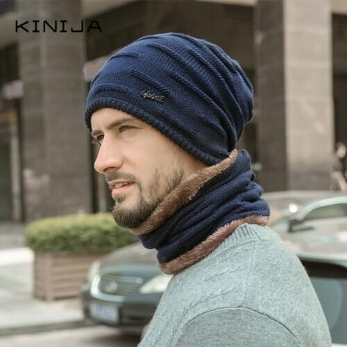 Men Hat+Scarf Set Autumn Winter Neck Warm Wool Cap outdoor cycling Windproof Knitted Hat velvet thick plush beanies Boy skullcap