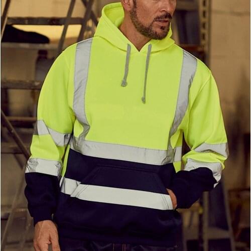 Mens Hoodies Road Work High Visibility Pullover Long Sleeve Hooded Sweatshirt Tops Reflective Strip Patchwork Hoodies Clothing