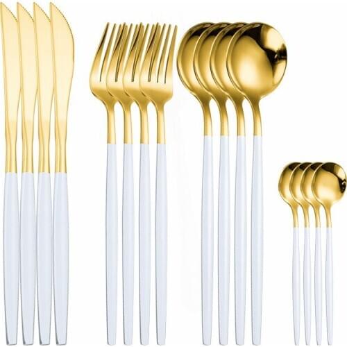 White Gold Cutlery Set Home Spoons Forks Knife Dinnerware Sets Western Cutlery Set Stainless Steel Tableware 16Pcs Flatware Set
