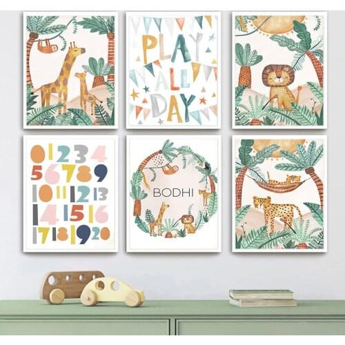 Nursery Bedroom Wall Art Poster Print Forest Animals Green Leaves Lion Monkey Giraffe Canvas Painting Alphabet Picture Decor