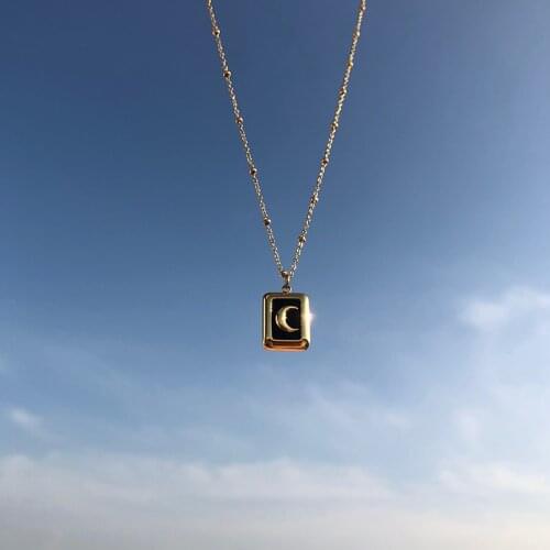 No Fading , Vintage Square Black Baroque Moon Crescent Gold Link Chain Necklace Clavicle Titanium Steel Plated 18K Gold