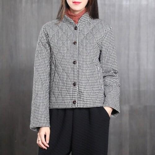 Autumn Winter Women Cotton And Linen Plaid Clothing New Fashion Stand-up Collar Thick Jackets Ladies Short Casual Coats