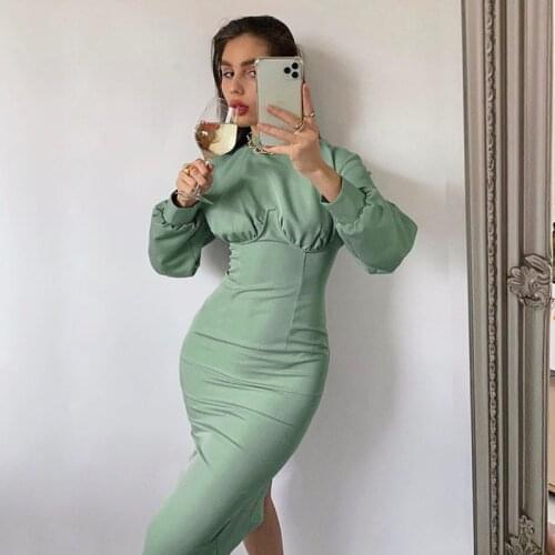 Sexy Pure Turtleneck Bodycon Winter Autumn Dress Women Lantern Sleeve Party Night Green Elegant Midi Slim Dresses Mujer Vestidos