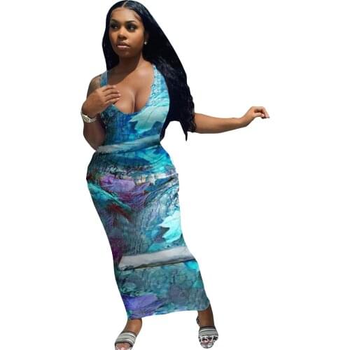 Casual Women Print Tie Dye Long Dress Deep V-neck Skinny Bodycon Long Dress High Street Dresses For Women Outfit