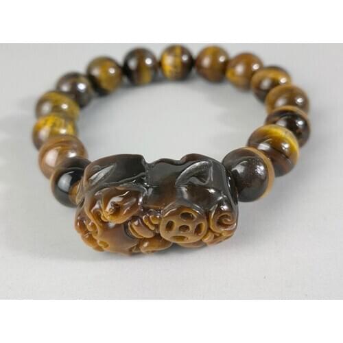 Elaborate Chinese manual tigers eye stone Kirin statue auspicious bracelet