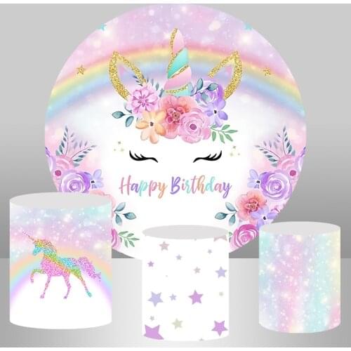 Rainbow Unicorn Birthday Round Backdrop Cover Flower Baby Shower Kids 1st Birthday Photo Studio Party Banner Circle Background