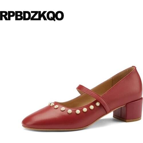 Pearl Prom Women Wine Red Pumps Square Toe Low Heels Bridal Shoes Wedding Block Beige Girls Bridesmaid Mary Jane Genuine Leather