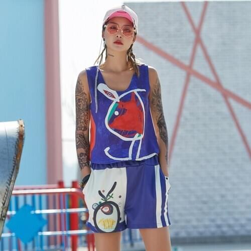 Hip Hop Costume Adults Personality Doodle Vest Shorts Women Street Dance Clothes Modern Jazz Cheerleader Dancing Outfits DT895