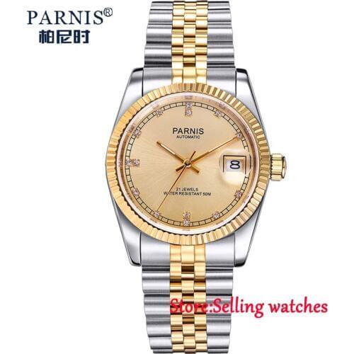 36mm parnis golden dial 21 jewels miyota luminous marks automatic womens watch