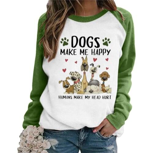 Women T-Shirts Casual Dog Printing Raglan Long Sleeve Shirts Tops Spring Autumn Pullover Basic Harajuku Shirt ropa de mujer 2020