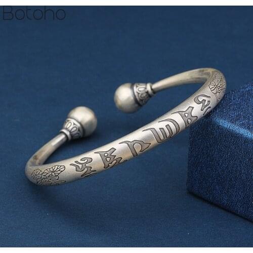 S999 Real Sterling Silver colour Bangles for Women Lotus Flower Six-word Rumor Open Jewelry Fashion Bracelets Accessories