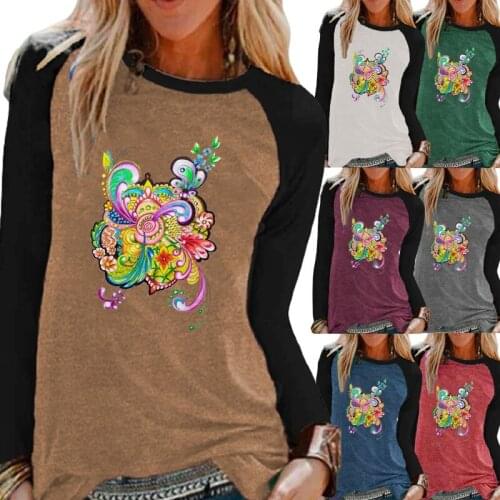 New Spring/Autumn Fashion Clothing for Women Flowers Printing Round Neck Pullover Top Loose Shirt Plus Size Graphic T-shirt