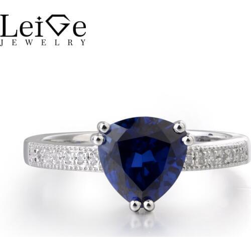 Leige Jewelry Lab Created Sapphire Gemstone 925 Sterling Silver September Birthstone Trillion Cut Anniversary Rings For Woman
