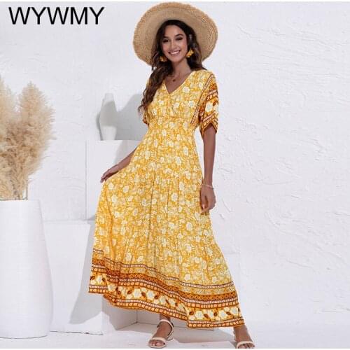 WYWMY Floral Print Summer Women Dresses High Waist Big Swing Short Sleeve Ladies Tassel Boho Dress Party Vestidos Robe Femme