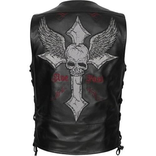 Embroidery Skull Genuine Cowhide Leather Vest Mens Motorcycle Biker Natural Leather Sleeveless Jackets Slim Vests