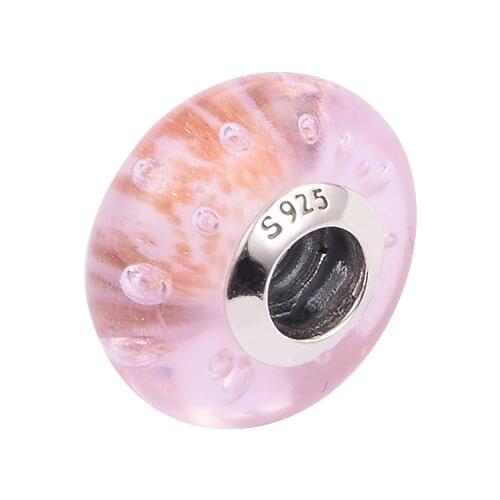 100% Authentic 925 Sterling Silver Beads Pink Glitter Murano Glass Charms Fit Original Pandora Bracelet Women DIY Jewelry Gift