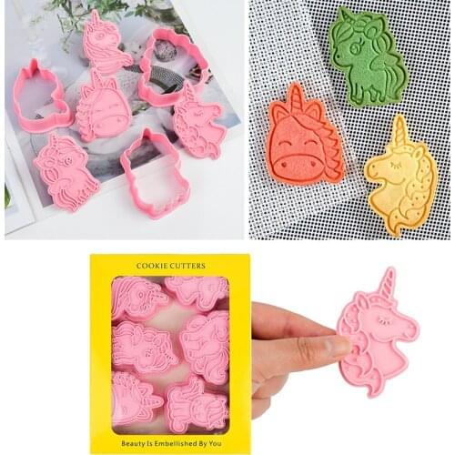 6Pcs/set 3D Unicorn Cookie Cutters Cartoon Plastic Biscuit Mould Cartoon Pressable Biscuit Mold Cookie Kitchen Baking Supplies
