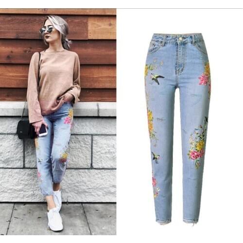 European&American high quality embroidery jeans Fashion women high-waisted hole straight leg jeans Chic denim pants