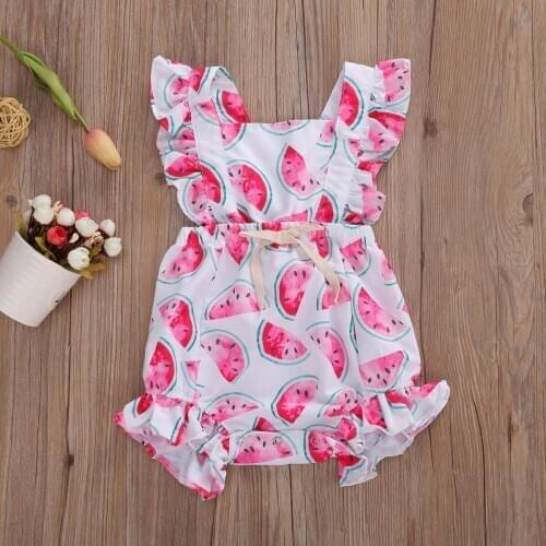 Newborn Baby Girl Clothes Sleeveless Ruffle Watermelon Print Romper Jumpsuit One-Piece Outfit Cotton Sunsuit Clothes