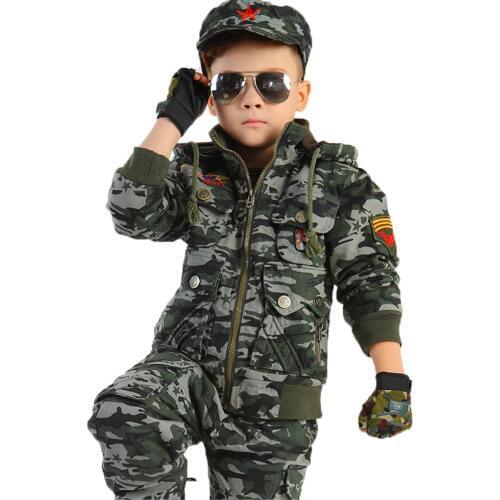 Warm Winter Military Training Clothes Boys Scouting Camouflage Suits Cotton Jacket +Trousers+Gloves+Cap Set