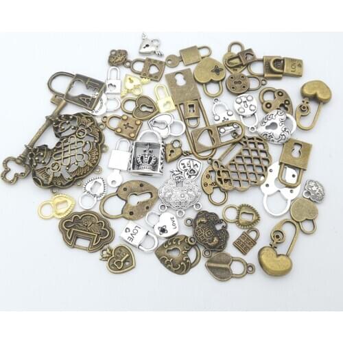 Hot sale metal Iron lock mixed charm pendant antique bronze bracelet necklace handmade jewelry making wholesale DIY accessories