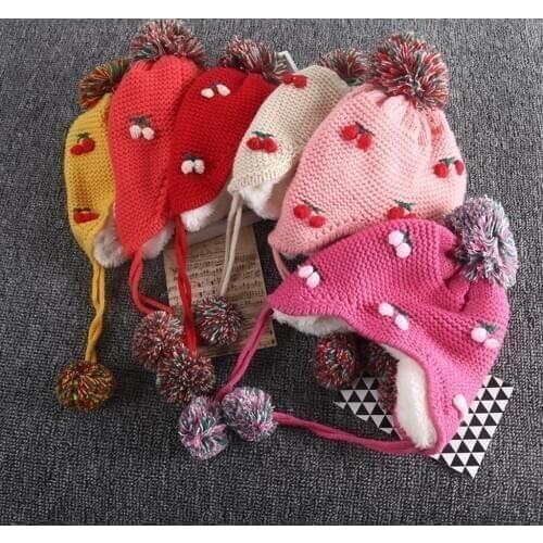 Cute Baby Children Winter Hat Knitted Warm Lovely Cartoon Strawberry Double Fur Caps Beanies Girls hats Kids Girls