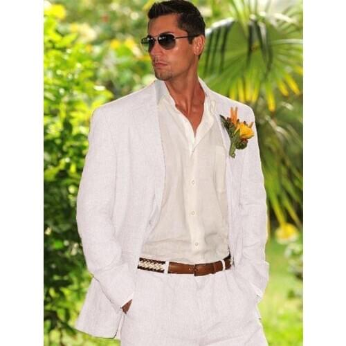 ANNIEBRITNEY Ivory 2 Piece Men Slim Fit Linen Summer Suit 2020 Summer Beach Groom Wedding Tuxedo Tailor Made Casual Men Suit