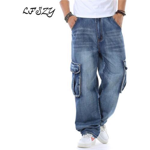 New Japan Style Brand Mens Straight Denim Cargo Pants Biker Jeans Men Baggy Loose Blue Jeans With Side Pockets Plus Size 40 46