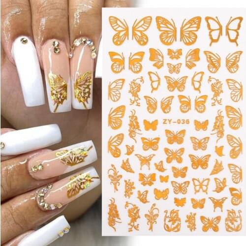 1pcs Holographic Butterfly 3D Nail Stickers Gold Foil Adhesive Slider Transfer Decals DIY Nail Art Decorations Manicure Tools