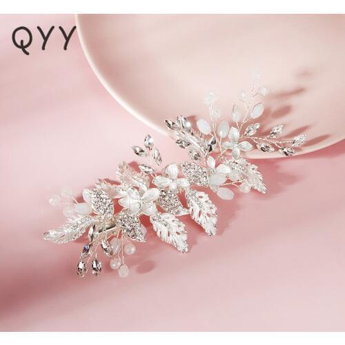 QYY Fashion Flower Leaf Hair Clips for Women Accessories Crystal Silver Color Bridal Wedding Hair Jewelry Bride Headpiece Gifts