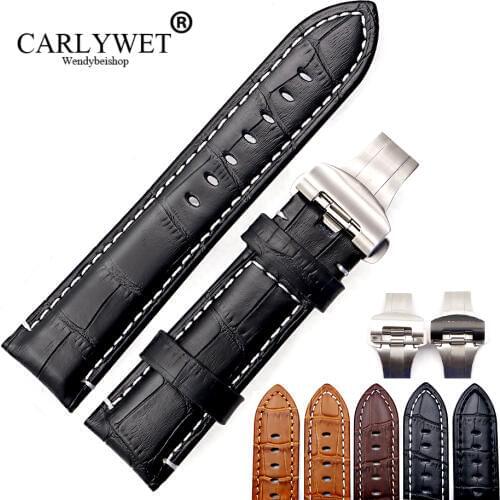 CARLYWET 22 24mm VINTAGE Black Brown Watch Band Genuine Calf Leather Crocodile Grain Thick Strap Belt Silver Black Clasp