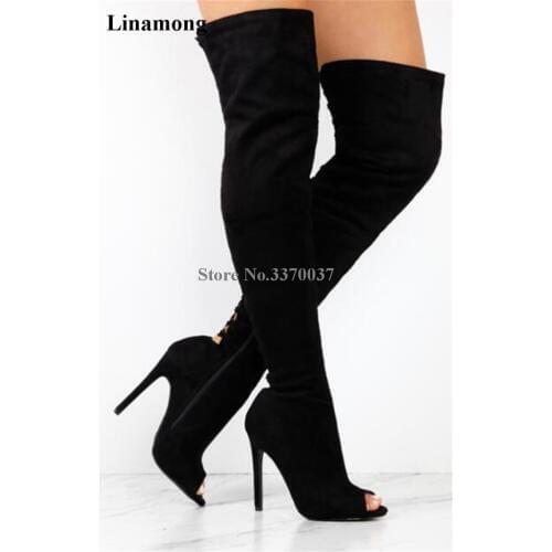 High Quality Women Fashion Open Toe Black Suede Leather Over Knee Gladiator Boots Cut-out Super High Heel Thigh Long Boots