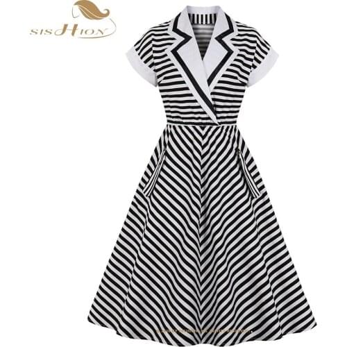 SISHION Turn Down Collar Robe Femme Short Sleeve Striped Dresses VD1781 Black White 50s 60s Summer Women Retro Vintage Dress